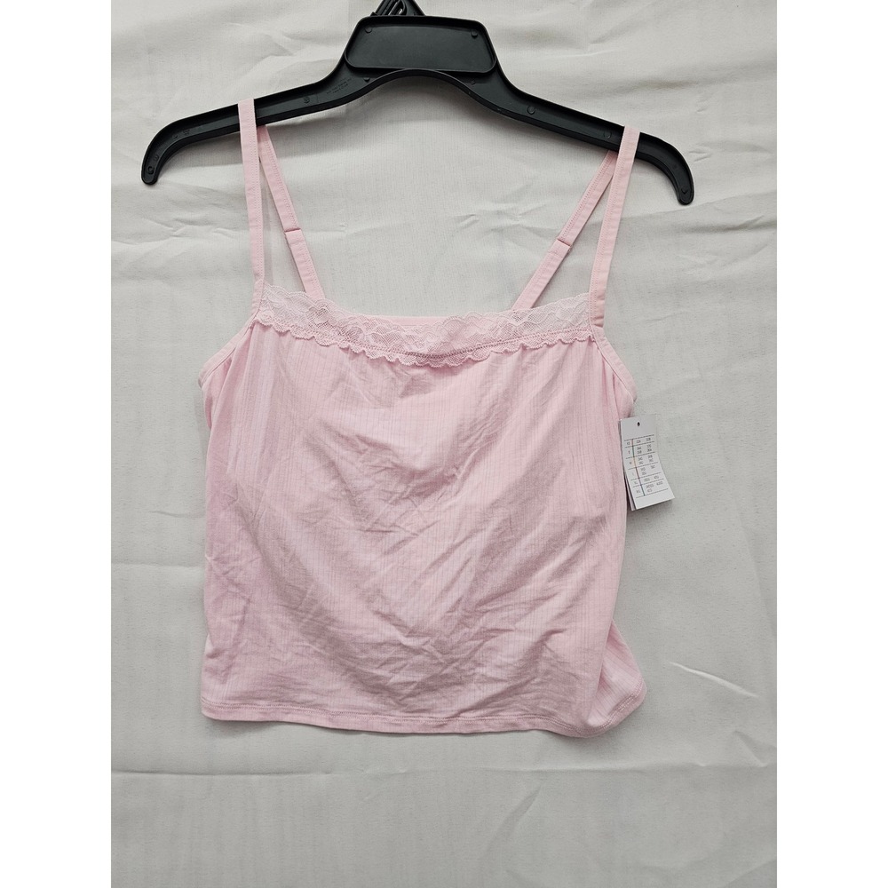Auden Womens Light Pink Ribbed Lace Trim Cami Tank Top Built-In Bra Large NEW